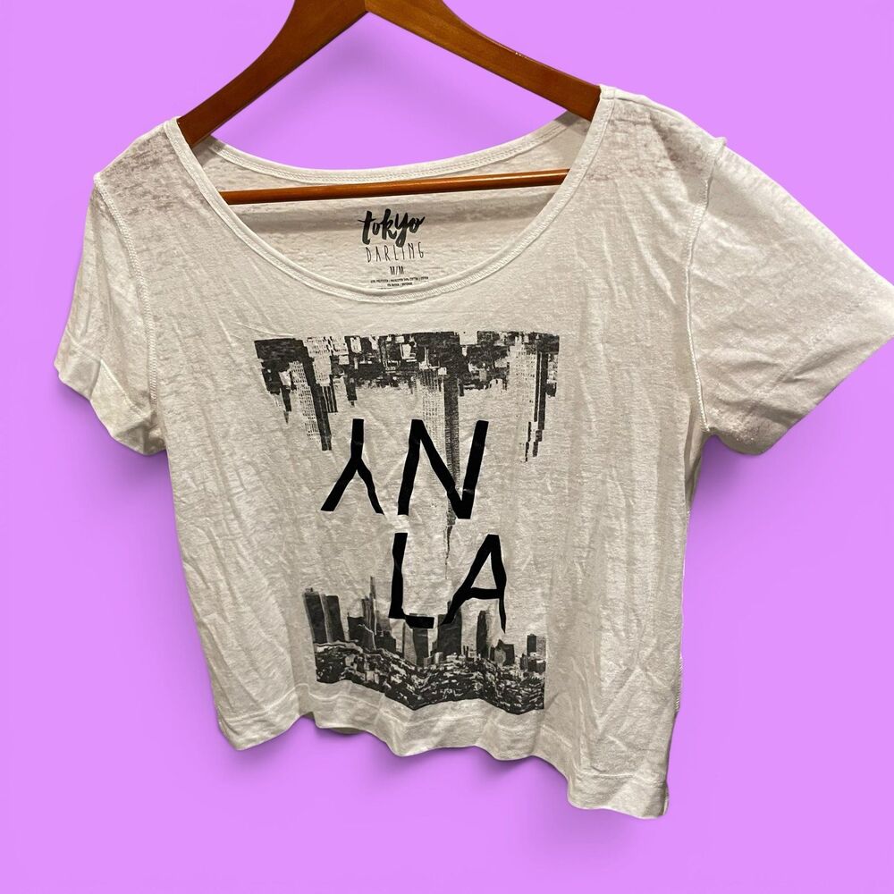 Cute white NY LA burnout graphic crop t-shirt Tokyo Darling
